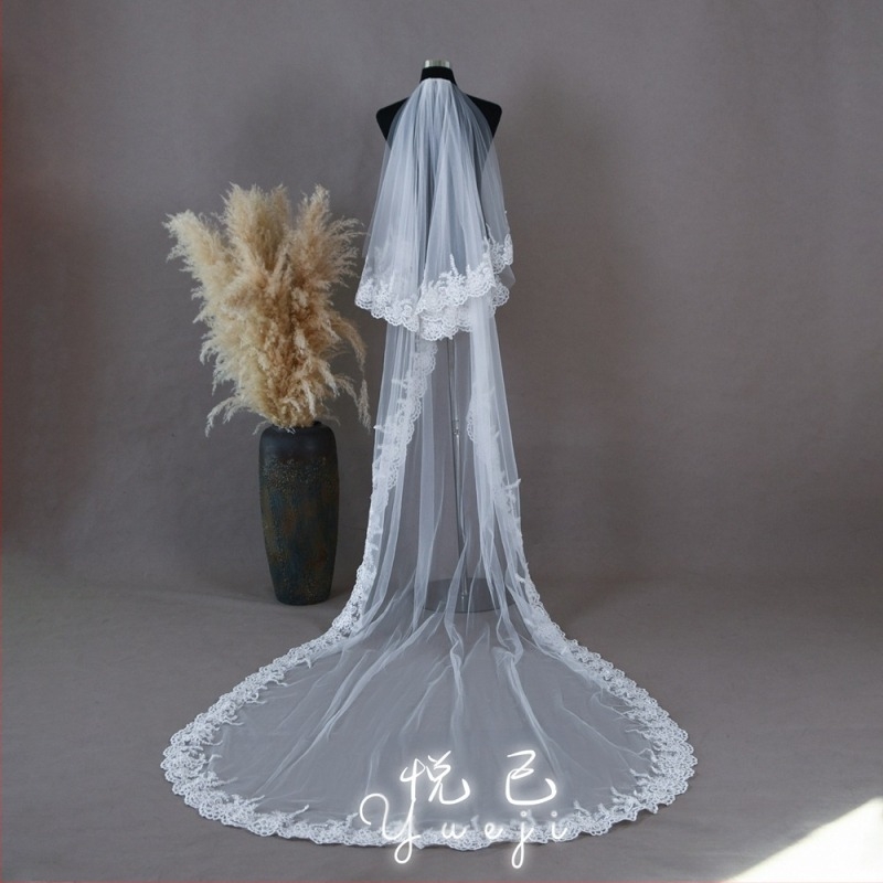 Voal de mireasă din dantelă rafinată Yueji, stil catedrală, lung, brodat, alb, YJV105
