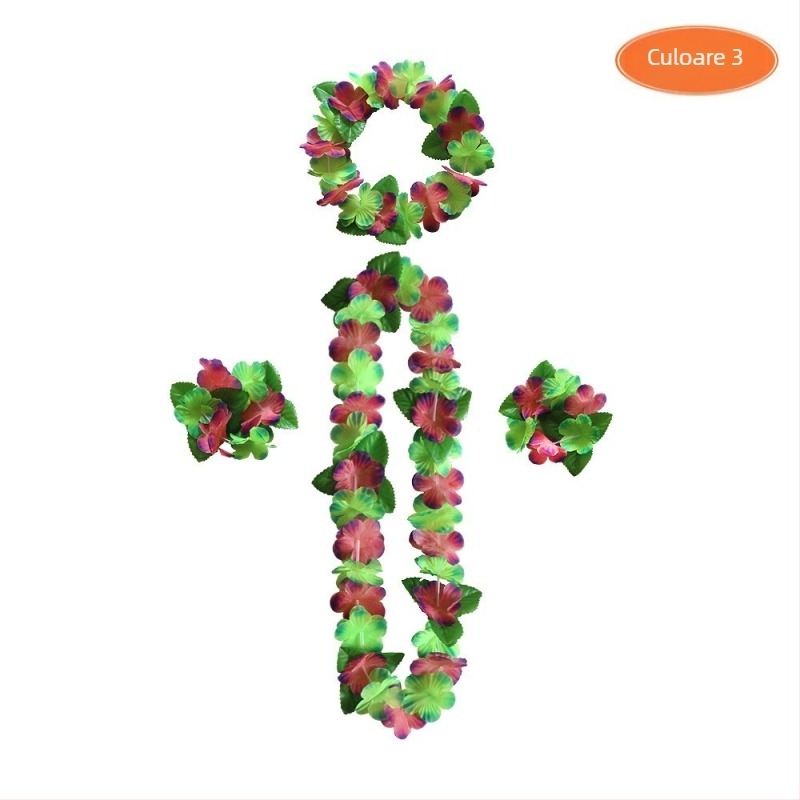 Coroană florală hawaiană pentru plajă, cu petale colorate în 12 nuanțe, set de 4 piese: colier, bandă pentru cap, brățară și coroană florală, din material textil, făcut manual