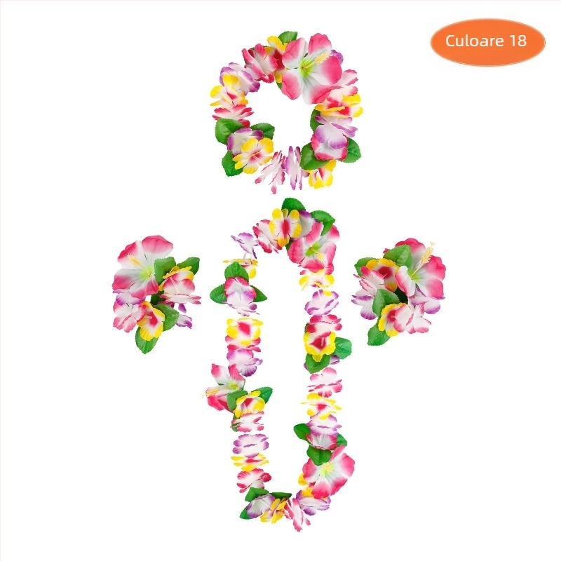 Coroană florală hawaiană pentru plajă, cu petale colorate în 12 nuanțe, set de 4 piese: colier, bandă pentru cap, brățară și coroană florală, din material textil, făcut manual