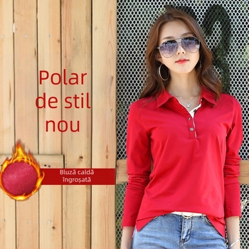 Tricou cu mânecă lungă și rever pentru femei, primăvară-vară, căptușit cu fleece cald, tricou coreean din bumbac versatil, îngroșat, 1818-2