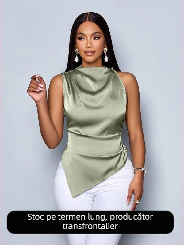 Cămașă de satin de vară pentru femei, comerț exterior european și american, cămașă asimetrică din satin pentru femei, design de top pentru femei, Sense Niche