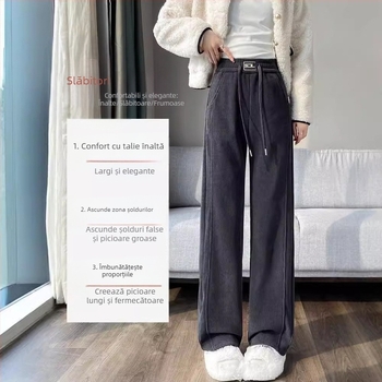 Pantaloni largi din catifea reiată pentru femei toamna și iarna, pantaloni noi din bumbac, căptușiți cu fleece, groși, lejeri, cu talie înaltă, drapați, casual, drepți