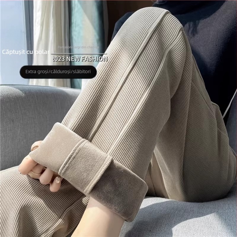 Pantaloni largi din catifea reiată pentru femei toamna și iarna, pantaloni noi din bumbac, căptușiți cu fleece, groși, lejeri, cu talie înaltă, drapați, casual, drepți