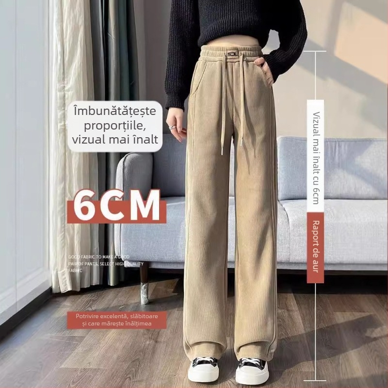Pantaloni largi din catifea reiată pentru femei toamna și iarna, pantaloni noi din bumbac, căptușiți cu fleece, groși, lejeri, cu talie înaltă, drapați, casual, drepți