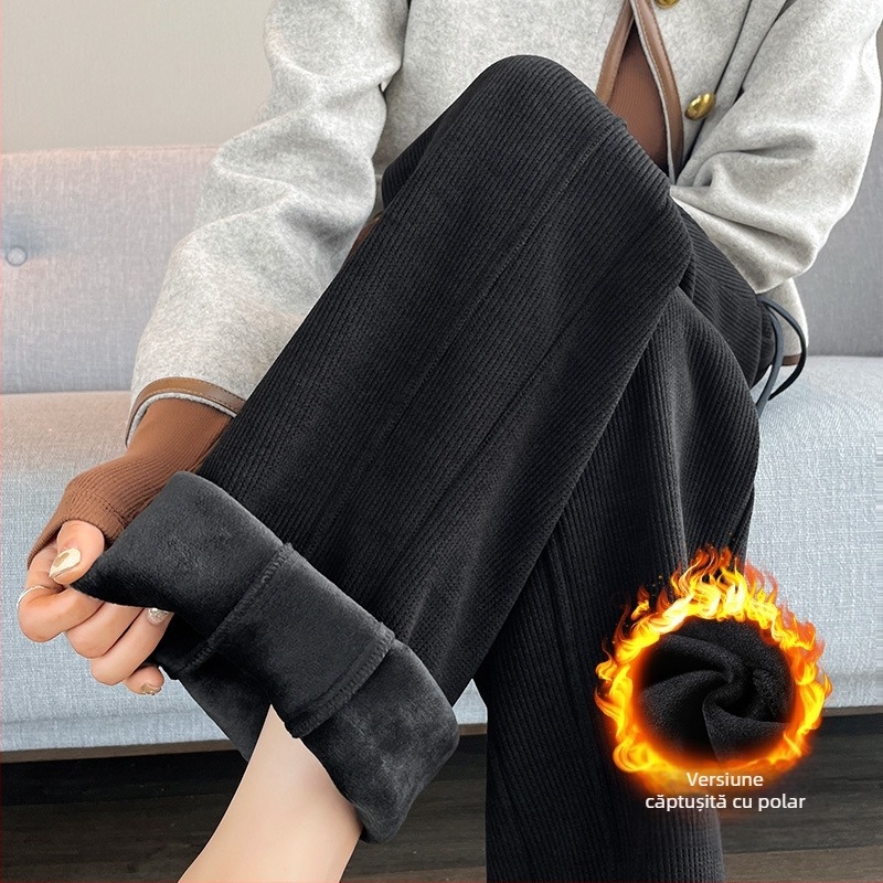 Pantaloni largi din catifea reiată pentru femei toamna și iarna, pantaloni noi din bumbac, căptușiți cu fleece, groși, lejeri, cu talie înaltă, drapați, casual, drepți