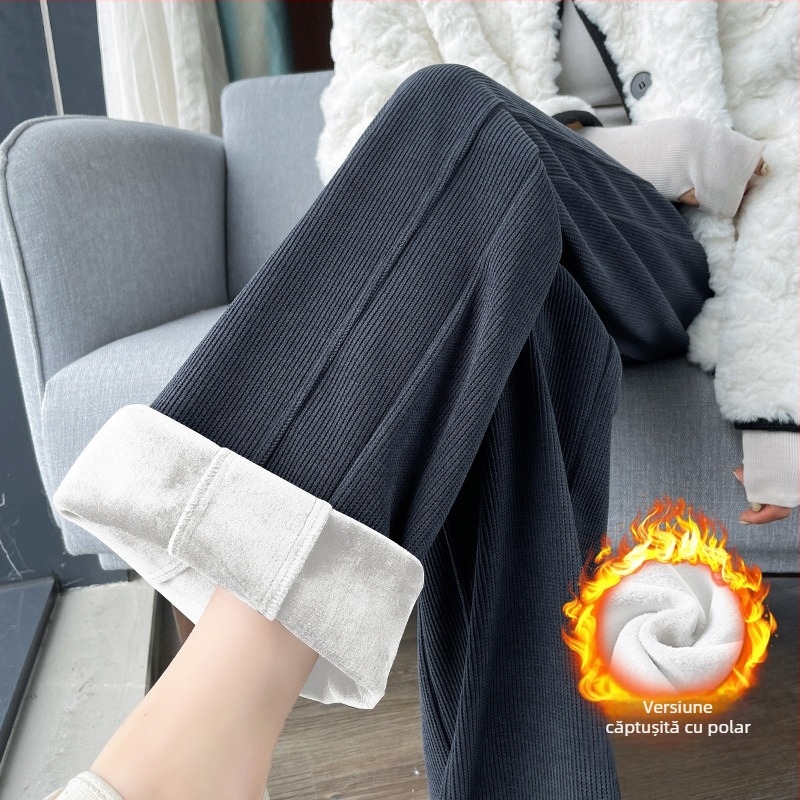 Pantaloni largi din catifea reiată pentru femei toamna și iarna, pantaloni noi din bumbac, căptușiți cu fleece, groși, lejeri, cu talie înaltă, drapați, casual, drepți