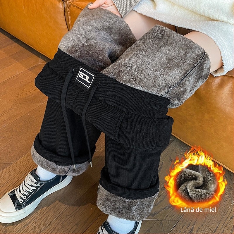 Pantaloni largi din catifea reiată pentru femei toamna și iarna, pantaloni noi din bumbac, căptușiți cu fleece, groși, lejeri, cu talie înaltă, drapați, casual, drepți