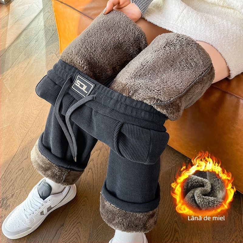 Pantaloni largi din catifea reiată pentru femei toamna și iarna, pantaloni noi din bumbac, căptușiți cu fleece, groși, lejeri, cu talie înaltă, drapați, casual, drepți