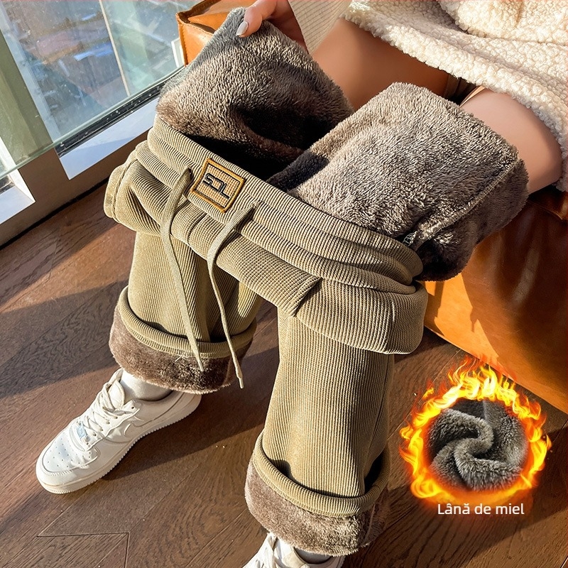 Pantaloni largi din catifea reiată pentru femei toamna și iarna, pantaloni noi din bumbac, căptușiți cu fleece, groși, lejeri, cu talie înaltă, drapați, casual, drepți