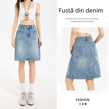 Fustă scurtă din denim de vară cu talie înaltă pentru femei, fustă din denim pe jumătate, fustă în linie A pentru femei, fustă în linie A pe jumătate care împletește șoldurile, fustă din denim de vară pentru femei