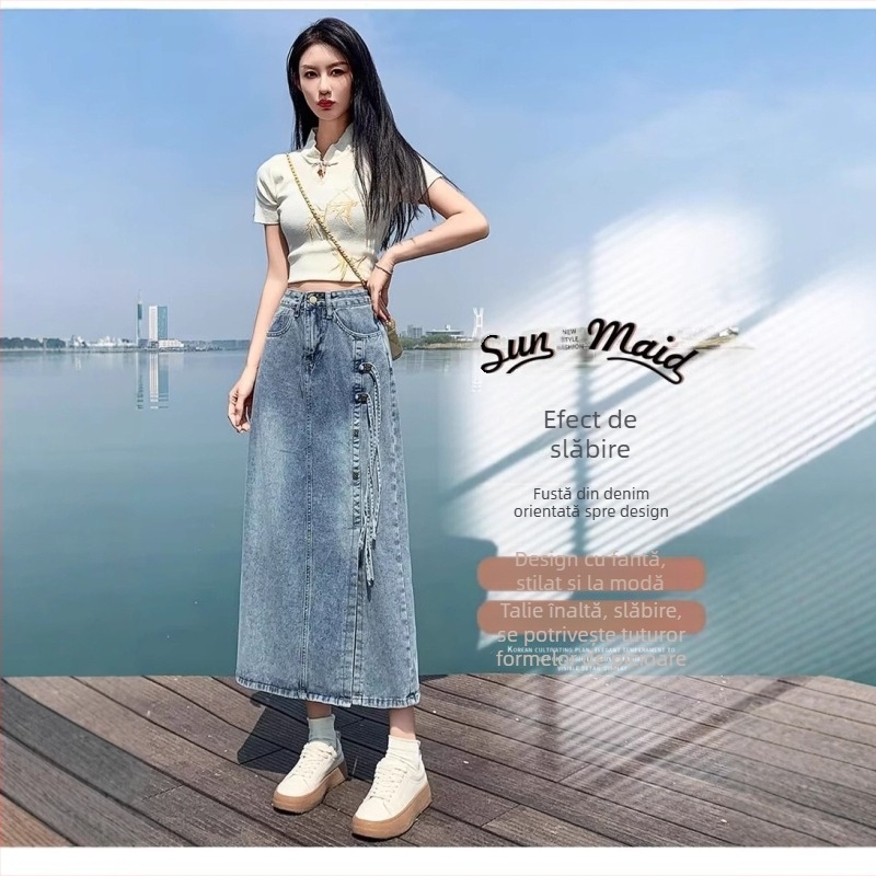 Fustă midi din denim versatilă la modă pentru femei 2024 vara nouă cu talie înaltă, crăpături, linie A, bodycon lungă