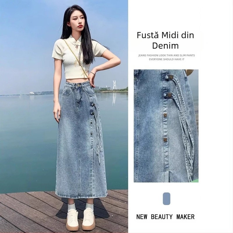 Fustă midi din denim versatilă la modă pentru femei 2024 vara nouă cu talie înaltă, crăpături, linie A, bodycon lungă