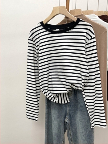 Tricou cu mânecă lungă, stil Hong Kong, din bumbac pur, cu dungi, vintage, elegant, de primăvară și toamnă, contrastant, vrac, all-match, chic, unic, de bază