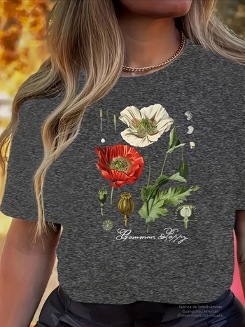 Tricou damă cu mânecă scurtă și guler rotund cu imprimeu floral - Roz