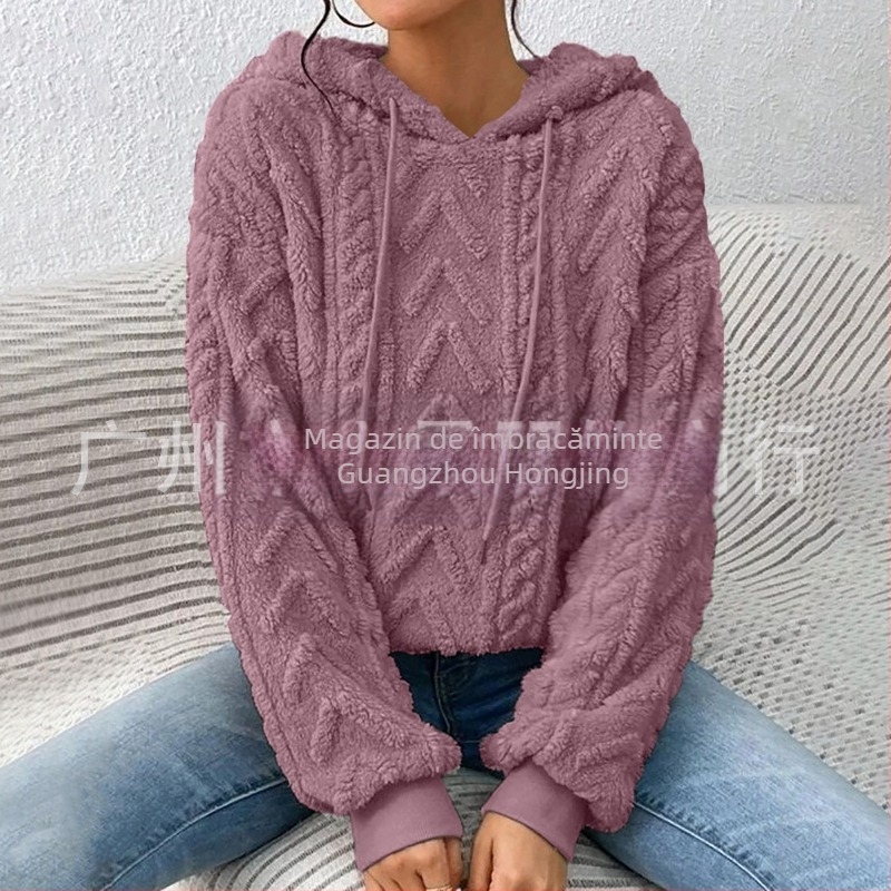 Hanorac casual cu mânecă lungă din catifea, cu glugă și șnur, pentru femei, cu umeri goi, Amazon, toamnă nouă, model Teddy