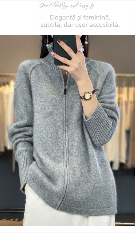 23 toamnă și iarnă nou cardigan tricotat cu fermoar din lână pură, top exterior pentru femei, guler înalt, pulover versatil, lejer, palton gros