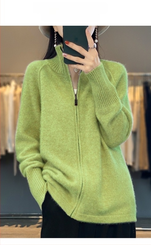 23 toamnă și iarnă nou cardigan tricotat cu fermoar din lână pură, top exterior pentru femei, guler înalt, pulover versatil, lejer, palton gros