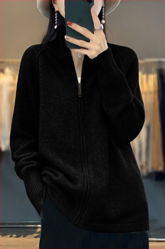 23 toamnă și iarnă nou cardigan tricotat cu fermoar din lână pură, top exterior pentru femei, guler înalt, pulover versatil, lejer, palton gros
