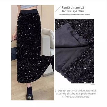 Fustă lungă, mulată, cu paiete fine și crăpătură, fustă dreaptă în linie A, cu design de înaltă calitate