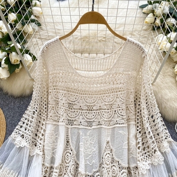 Rochie midi elegantă, stil boho, retro, tricotată, pentru femei, vară, lejeră, croșetată, cu cusături, elegantă, scurtă