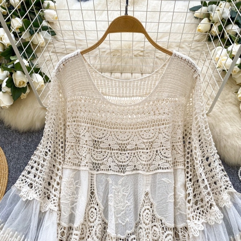 Rochie midi elegantă, stil boho, retro, tricotată, pentru femei, vară, lejeră, croșetată, cu cusături, elegantă, scurtă