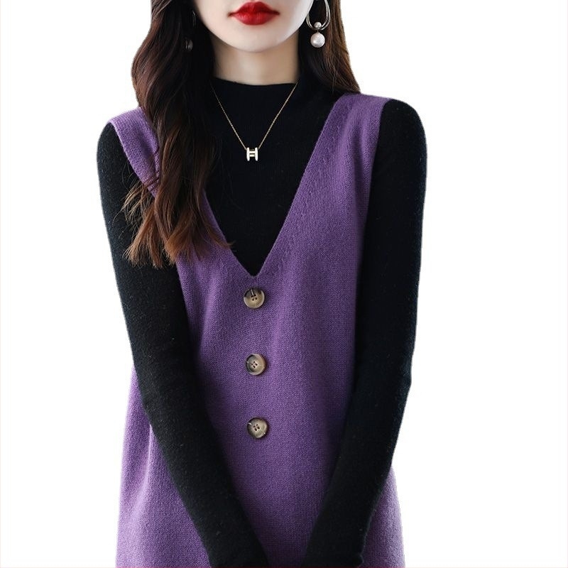 Toamna nouă V-neck tricotat vestă rochie lungă pulover nasture culoare solidă vestă casual lejeră rochie fără mâneci
