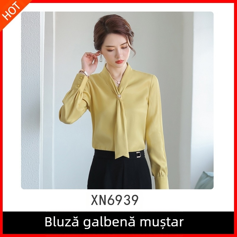 2019 Toamna Nouă Moda Avocado Verde Șifon Femeii Mânecă Lungă Cu Decolteu În V Pielea Acoperă All-match Stil Western Cravată Cămașă