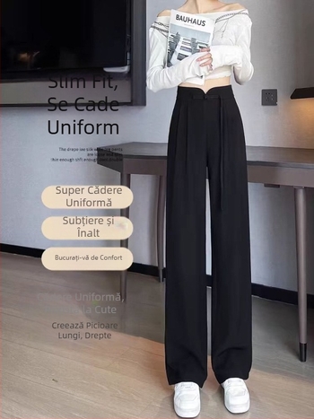 Guofeng cataramă neagră pantaloni femei primăvară și toamnă design talie înaltă înmuiat drept largi casual îngust pantaloni largi cu picior