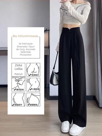 Guofeng cataramă neagră pantaloni femei primăvară și toamnă design talie înaltă înmuiat drept largi casual îngust pantaloni largi cu picior