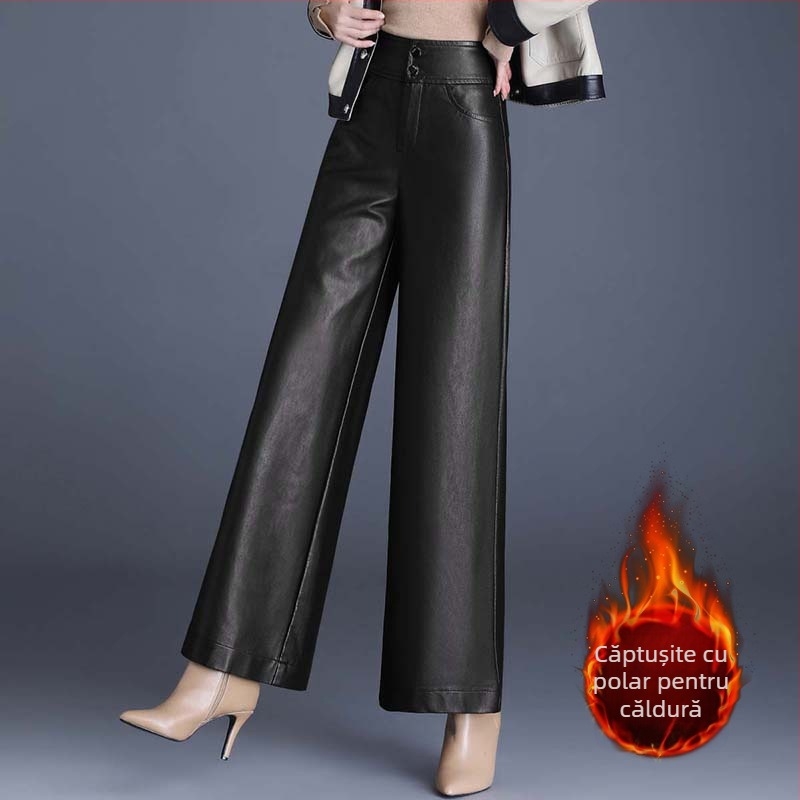 Pantaloni din piele maro la modă, pantaloni eleganți cu picior larg pentru femei, pantaloni culotte noi de primăvară și toamnă 2025, pantaloni cu picior larg pentru mame, pantaloni lungi