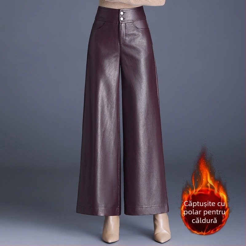 Pantaloni din piele maro la modă, pantaloni eleganți cu picior larg pentru femei, pantaloni culotte noi de primăvară și toamnă 2025, pantaloni cu picior larg pentru mame, pantaloni lungi