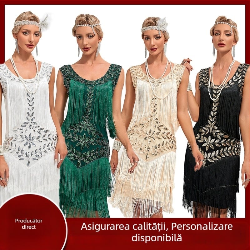 Rochie de dans Gatsby vintage europeană și americană din anii 1920, cu guler rotund, paiete, mărgele, brodate, cu ciucuri, mărime mare