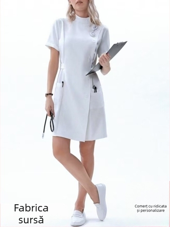 Guangzhou vara nouă femei mici guler stand-up mânecă scurtă lungime medie haină albă femei jachetă subțire haine de lucru medicale