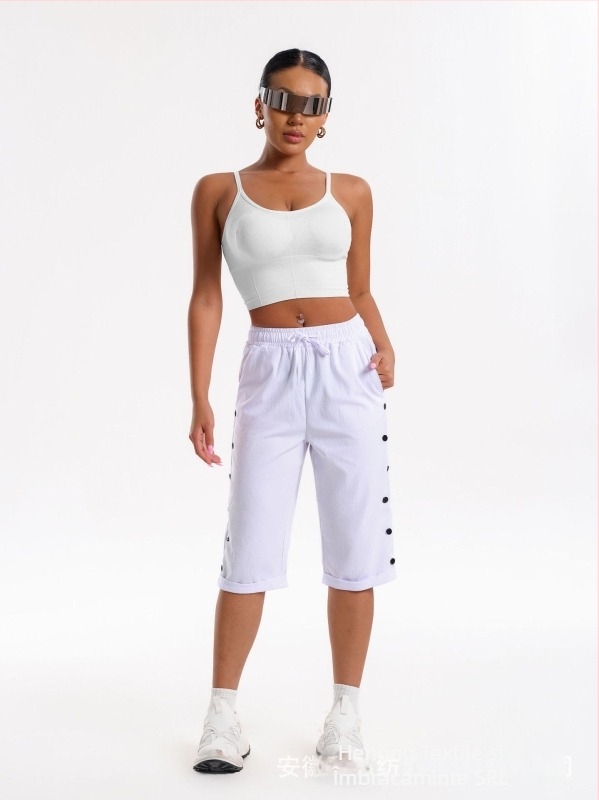Pantaloni scurți pentru femei Cross-Border, pantaloni scurți de plajă casual la modă, pantaloni scurți trei sferturi cu talie elastică, șnur de strângere și nasturi decorativi