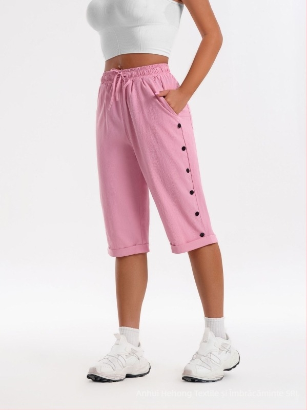 Pantaloni scurți pentru femei Cross-Border, pantaloni scurți de plajă casual la modă, pantaloni scurți trei sferturi cu talie elastică, șnur de strângere și nasturi decorativi