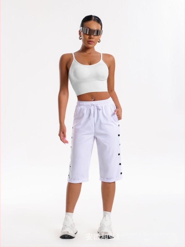 Pantaloni scurți pentru femei Cross-Border, pantaloni scurți de plajă casual la modă, pantaloni scurți trei sferturi cu talie elastică, șnur de strângere și nasturi decorativi
