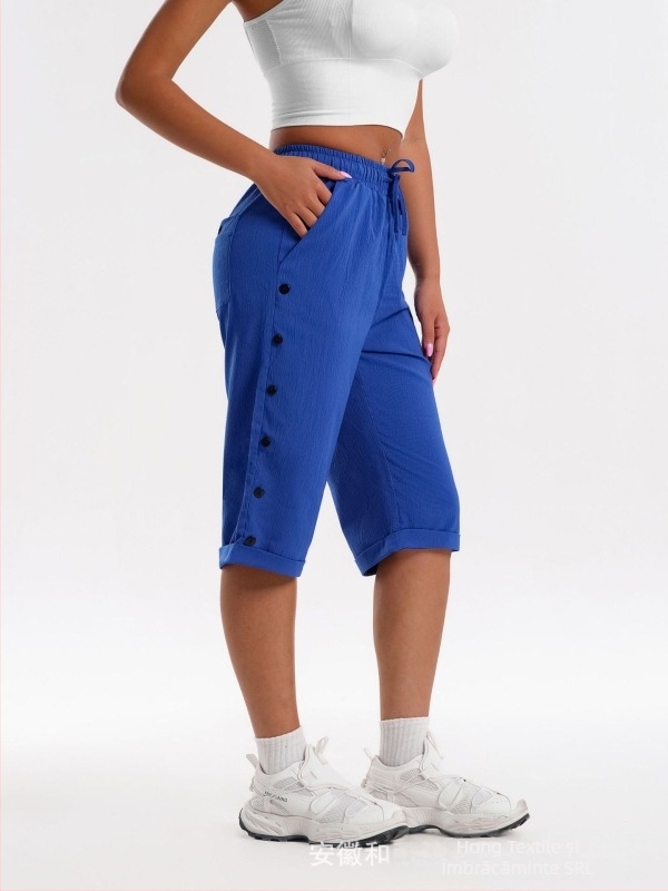 Pantaloni scurți pentru femei Cross-Border, pantaloni scurți de plajă casual la modă, pantaloni scurți trei sferturi cu talie elastică, șnur de strângere și nasturi decorativi