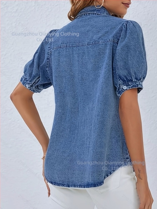 Top din denim cu mânecă bufantă și rever versatil, export transfrontalier, Ebay, Amazon, noua tendință a cămășilor casual