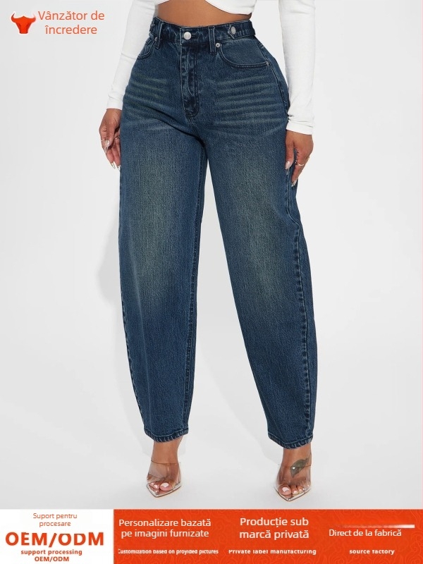 Blugi retro cu lanternă pentru femei, spălați, albaștri, largi, casual, harem, comerț exterior transfrontalier, Amazon, design european și american, blugi harem retro pentru femei