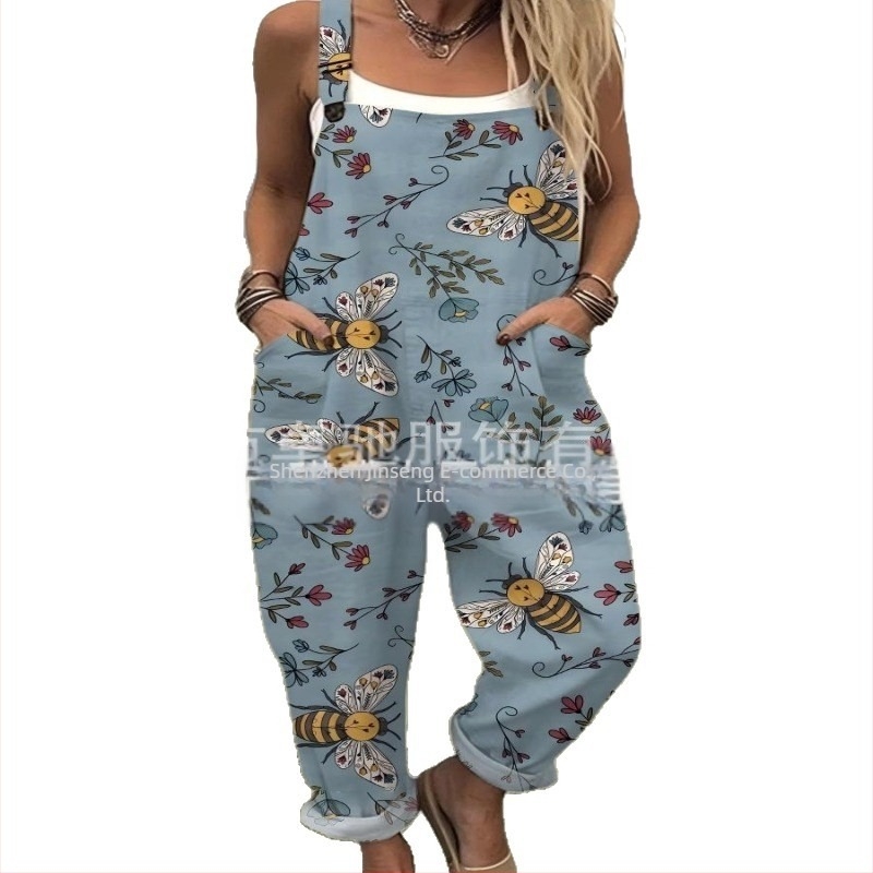 Bretele cu nasturi imprimate 3D, pantaloni casual, 2025, îmbrăcăminte nouă transfrontalieră pentru femei, Amazon, europene și americane, de vară