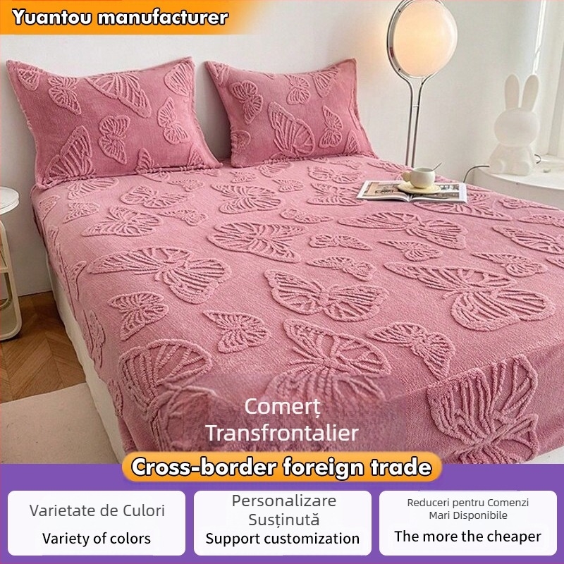 Set de trei piese cu cearșafuri ajustabile din tafta caldă, cu flori tăiate, plus husă de protecție pentru saltea, din catifea, îngroșată