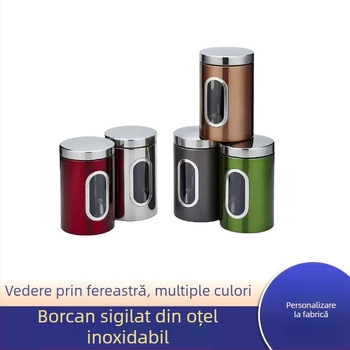 Borcan de depozitare vizibil din oțel inoxidabil, borcan de cereale pentru boabe de cafea, cuburi de zahăr, gustări, borcan de depozitare, ceai și nuci, sigilat, fereastră laterală