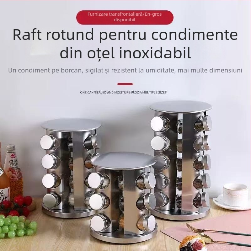 Suport rotativ de 360 de grade pentru sticle de condimente din oțel inoxidabil, pentru bucătărie, pentru borcane de condimente, pentru depozitarea sarei, zahărului și piperului