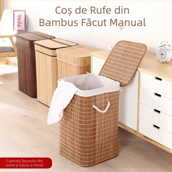 Coș de depozitare din bambus pliabil pentru haine murdare de uz casnic, cu capac, rezistent la praf, țesut, haine murdare, gustări, găleată de depozitare pentru jucării, en-gros