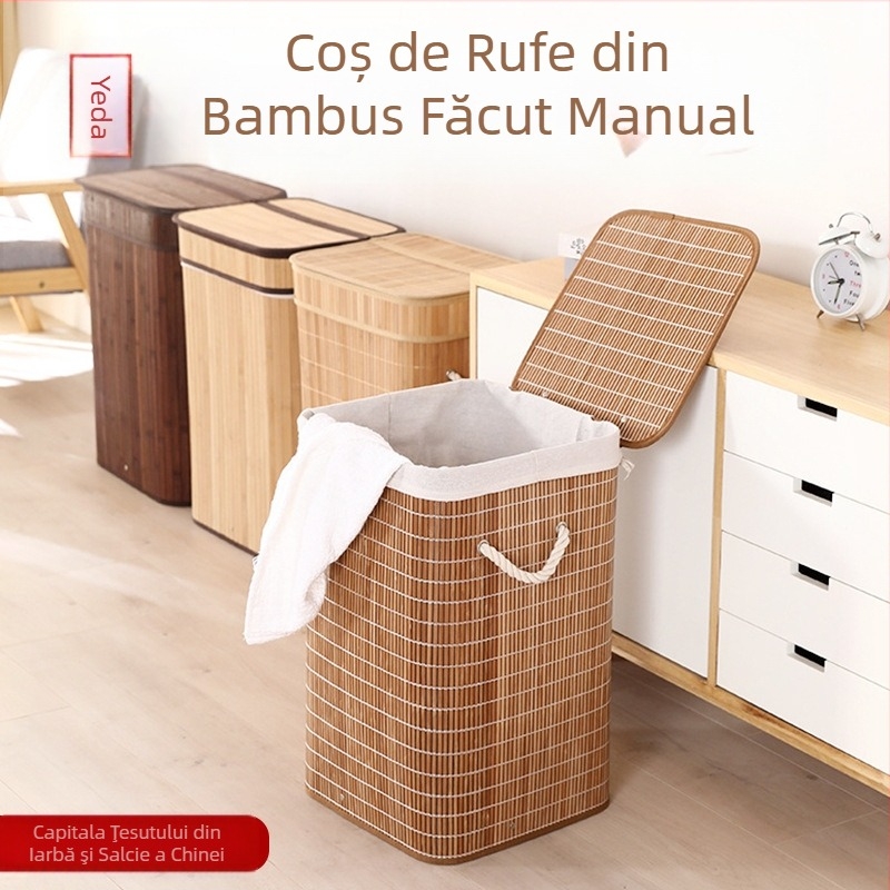 Coș de depozitare din bambus pliabil pentru haine murdare de uz casnic, cu capac, rezistent la praf, țesut, haine murdare, gustări, găleată de depozitare pentru jucării, en-gros