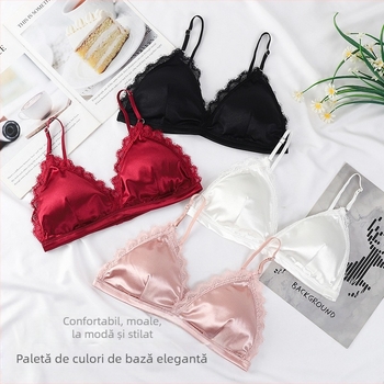 Sutien fără bretele din dantelă moale în stil francez, cupă triunghiulară, spate frumos, pentru fete tinere, fără armătură, bretele reglabile, cu cataramă pe un singur rând, cu tampoane pentru piept