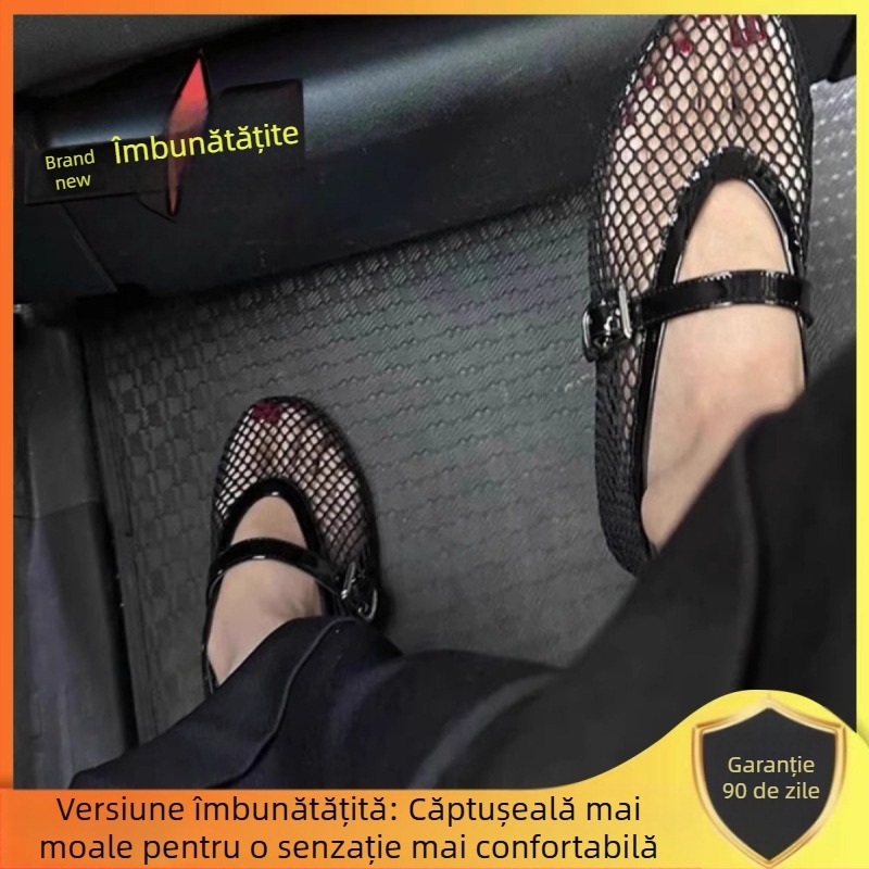 Pantofi de balet cu cap rotund, design de nișă, cu plasă de pește, cu gol, pentru femei, vara 2024, la modă, cu cataramă plată, cu un singur strat, pantofi