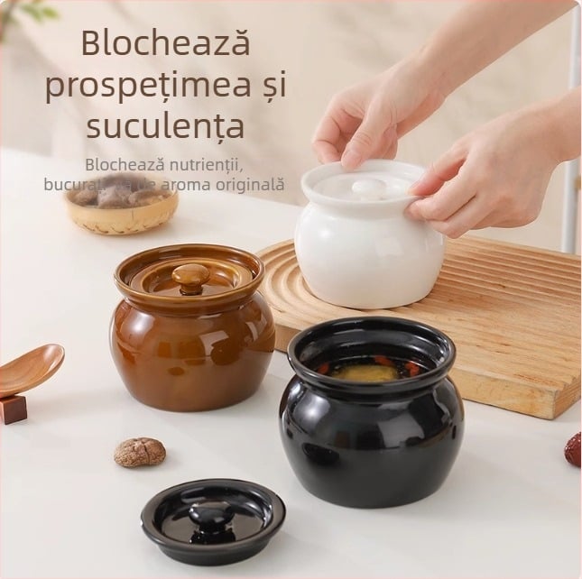 Oală ceramică de lut, cană pentru supă, pentru uz casnic, oală de fiert cu separare a apei pentru o persoană cu capac, cană pentru aburirea supei de calitate alimentară, oală ceramică îngroșată