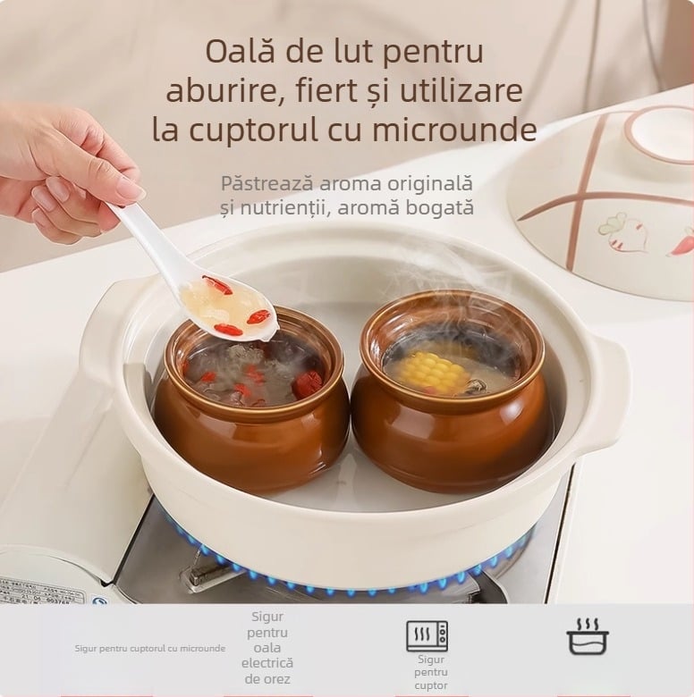 Oală ceramică de lut, cană pentru supă, pentru uz casnic, oală de fiert cu separare a apei pentru o persoană cu capac, cană pentru aburirea supei de calitate alimentară, oală ceramică îngroșată