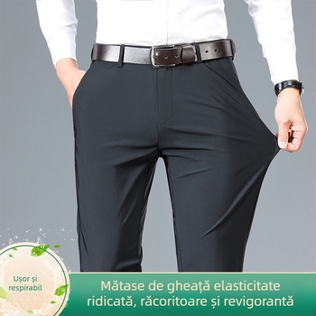 Solicitare pentru Pantaloni casual subțiri de vară pentru bărbați, din nailon cu elasticitate ridicată, din mătase glacială, pantaloni eleganți pentru bărbați, pantaloni lungi
